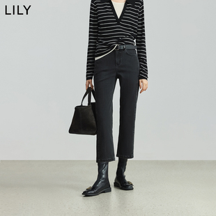 LILY2025新款女装复古水洗修身直筒九分裤通勤黑色牛仔裤烟管裤