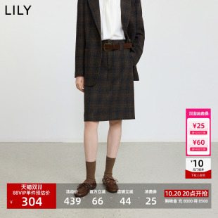 李沁代言LILY2026冬新款女装羊毛混纺学院风格纹腰带直筒裙半身裙