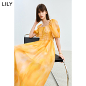 莱赛尔活力橘多巴胺印花连身裙女 女装 商场同款 LILY2024夏新款