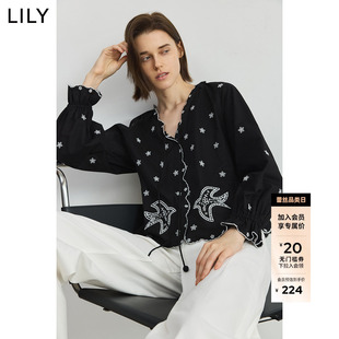 LILY2025新款棉麻波嬉风花边设计感波西米亚绣花V领长袖衬衫女
