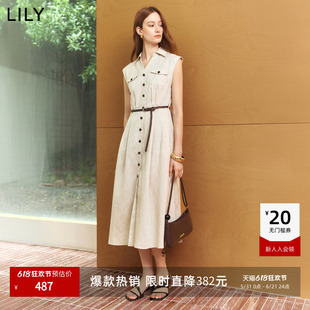 领收腰通勤无袖 LILY2026夏新款 女装 莱赛尔亚麻混纺西装 连衣裙 工装
