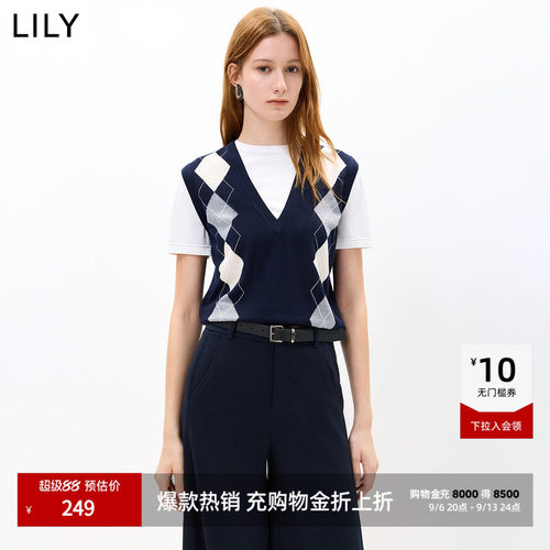 LILY通勤菱格假两件短袖针织衫