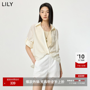 LILY2026夏新款醋酸混纺设计感翻领宽松休闲白色长袖套头雪纺衫女