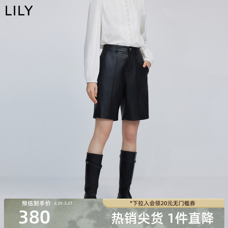LILY2024春新款女装帅气都市通勤时髦中性五分裤柔软PU休闲短裤女