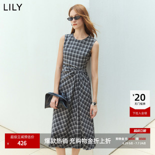 LILY2026夏新款复古设计感黑白格纹无袖圆领褶皱收腰背心连衣裙女