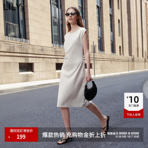 LILY2026夏新款修身收腰气质通勤小飞袖连衣裙女垂坠感A字中长裙 - 封面