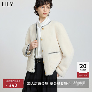 LILY2025冬新款女装法式撞色小香风休闲气质通勤白色毛绒外套短款