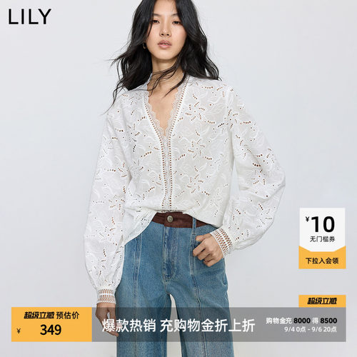 LILY法式镂空通勤蕾丝纯棉套头衫