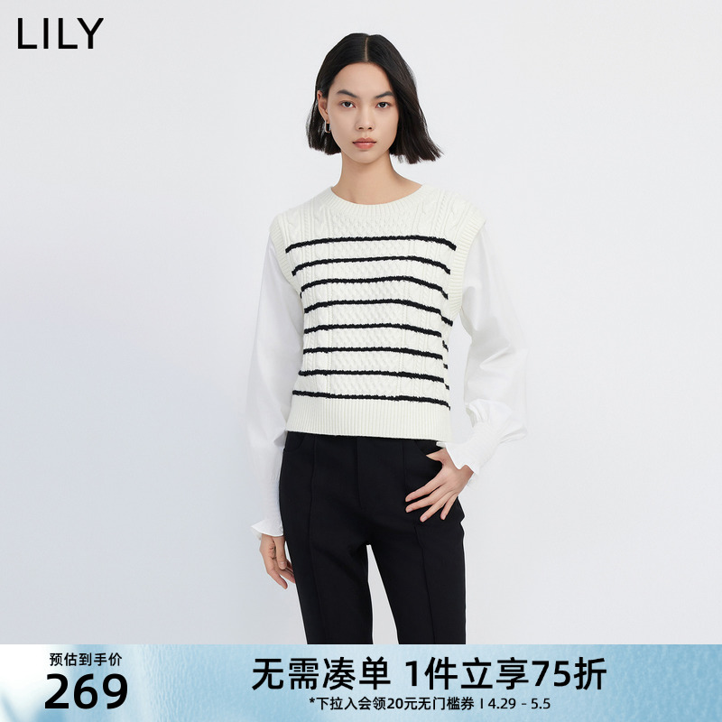 LILY2024春新款女装含绵羊毛复古条纹设计感假两件衬衫毛衣上衣女