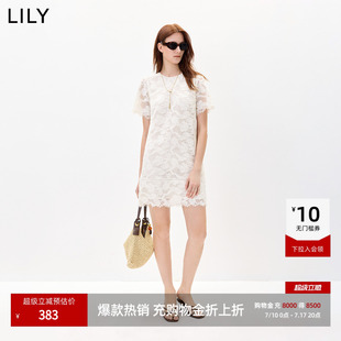 LILY2026夏新款女装法式蕾丝钩花宽松休闲气质通勤圆领短袖连衣裙
