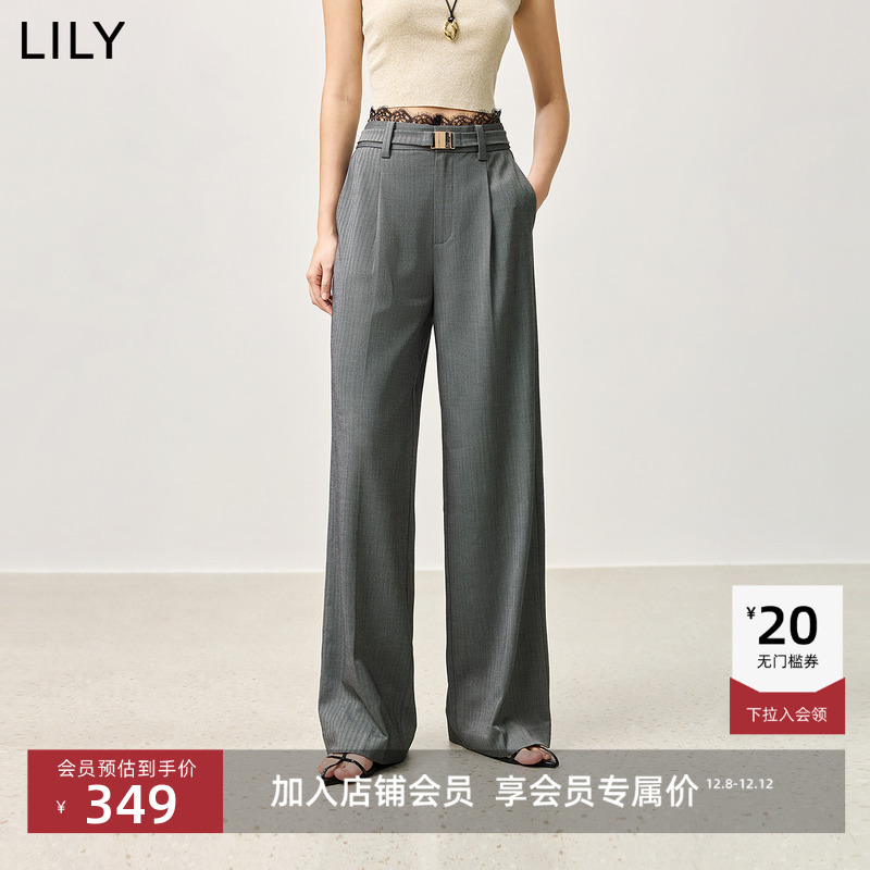 LILY通勤蕾丝拼接女竖条纹阔腿裤
