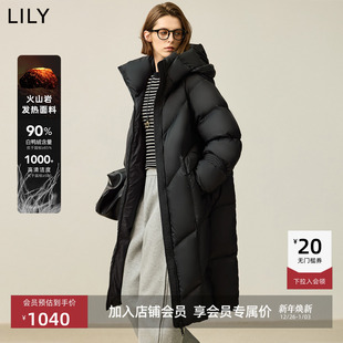 LILY火山岩蓄热90白鸭绒黑色长款 加厚保暖外套 蓬松羽绒服冬新款