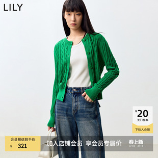 【商场同款】LILY2024秋新款含绵羊毛立体绞花正肩针织开衫松石绿