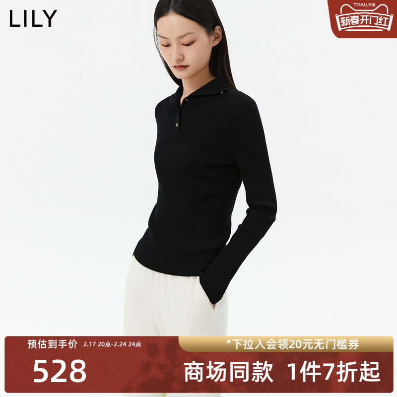 【商场同款】LILY2023冬新款女装全绵羊毛通勤黑色毛衣打底衫叠穿