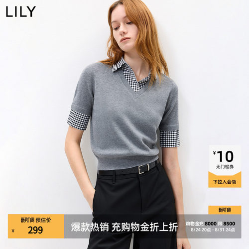 LILY通勤假两件翻领套头针织衫