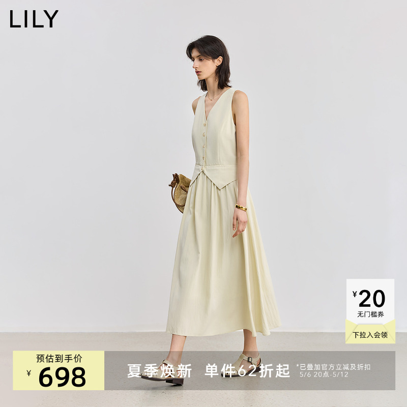 LILY2025夏新款女装简约气质通勤宽松休闲无袖V领背心马甲连衣裙