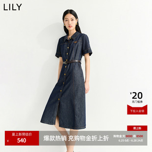 LILY2026夏新款女装含莱赛尔醋酸复古翻领收腰工装牛仔短袖连衣裙