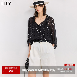 LILY2026夏新款女装经典法式复古波点宽松休闲套头上衣黑色雪纺衫