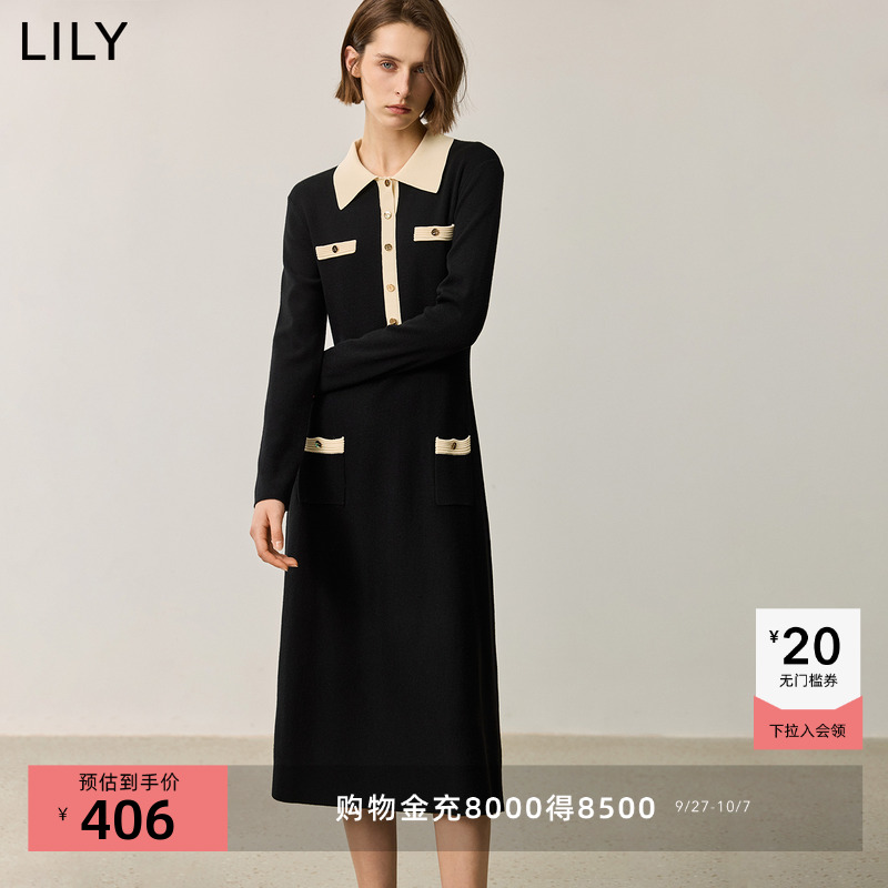 LILY多口袋撞色POLO修身小黑裙