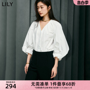 LILY2024夏新款女装优雅气质通勤款设计感复古灯笼袖宽松白衬衫女