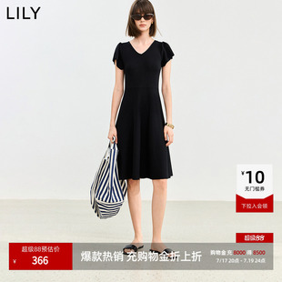 LILY2026夏新款莱赛尔混纺复古V领收腰气质通勤短袖黑色连衣裙女