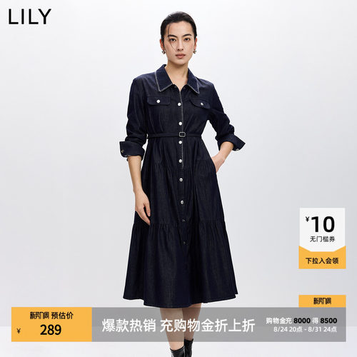 LILY通勤收腰翻领牛仔女装连衣裙