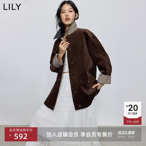 LILY通勤格纹翻领灯芯绒工装夹克