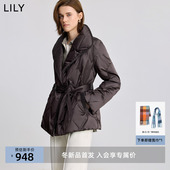 LILY2025冬新款 女装 复古老钱风高领腰带收腰90鸭绒菱格羽绒服外套