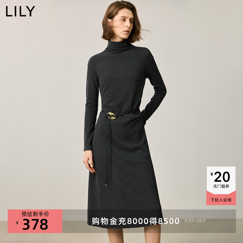 LILY高级气质高领褶皱连衣裙