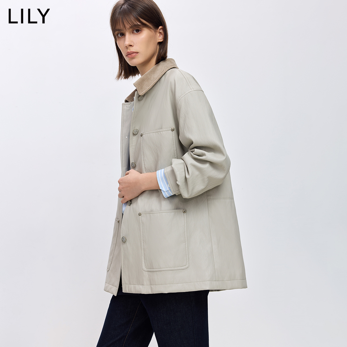 LILY通勤多口袋百搭翻领工装夹克