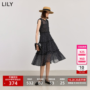 LILY2026夏新款女装法式复古碎花无袖高腰气质通勤黑色连衣裙长裙