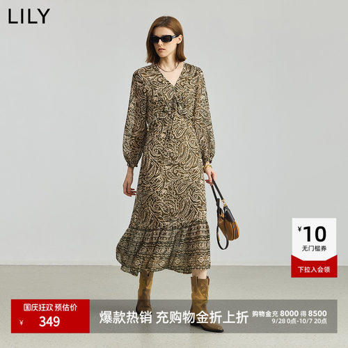 LILY雪纺复古新款V领收腰连衣裙