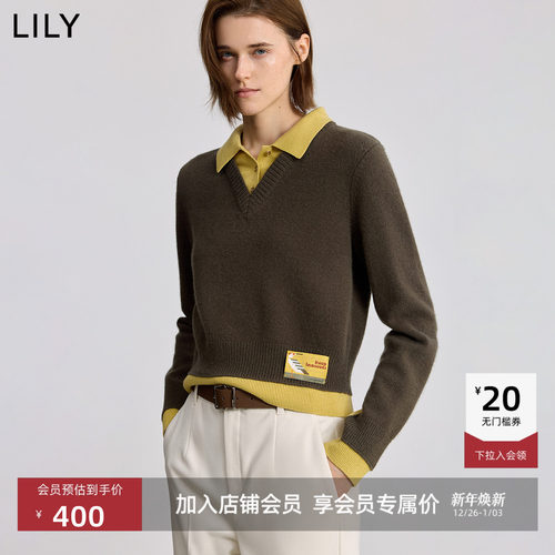 LILY假两件翻领简约套头针织衫