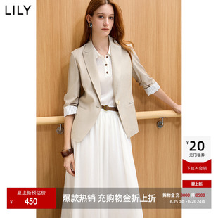 LILY2026夏新款女装莱赛尔亚麻混纺老钱风抽褶七分袖通勤西装外套