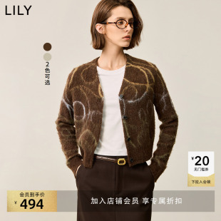 气质印花V领毛绒感针织开衫 女装 LILY冬新款 外套 商场同款