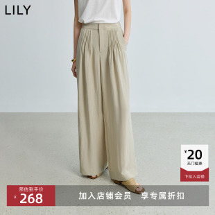 女 休闲裤 LILY2025秋新款 莱赛尔亚麻混纺塔克褶宽松百搭通勤阔腿裤