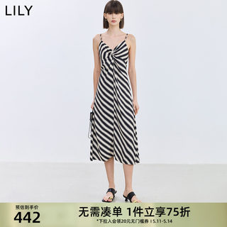 LILY2024夏新款女装可调节肩带设计感时尚撞色条纹垂坠吊带连衣裙