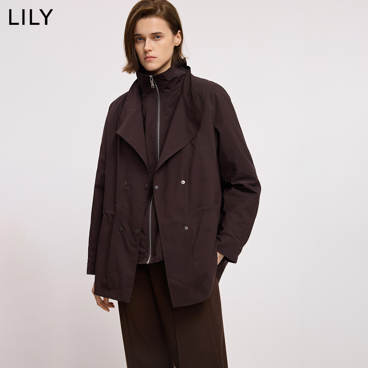 LILY2025冬新款女装假两件立领抽绳收腰90鸭绒宽松通勤羽绒服外套