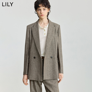 LILY2025冬新款女装羊毛混纺老钱风人字纹气质通勤卡其色西装外套