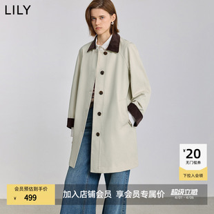 LILY2025新款 巴恩风撞色翻领休闲风衣外套中长款 女 商场同款