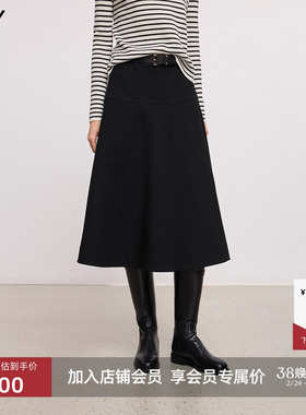 LILY2025冬新款经典简约气质通勤百搭黑色A字半身裙伞裙女中长款