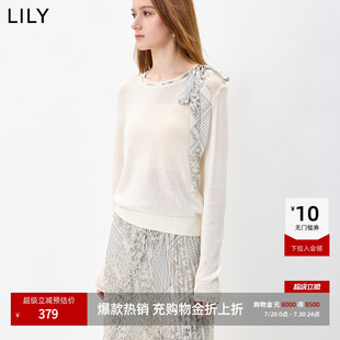 LILY2026秋新款设计感简约丝巾圆领休闲通勤白色长袖套头针织衫女