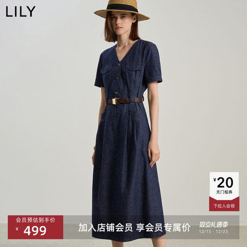 LILY通勤收腰牛仔短袖连衣裙