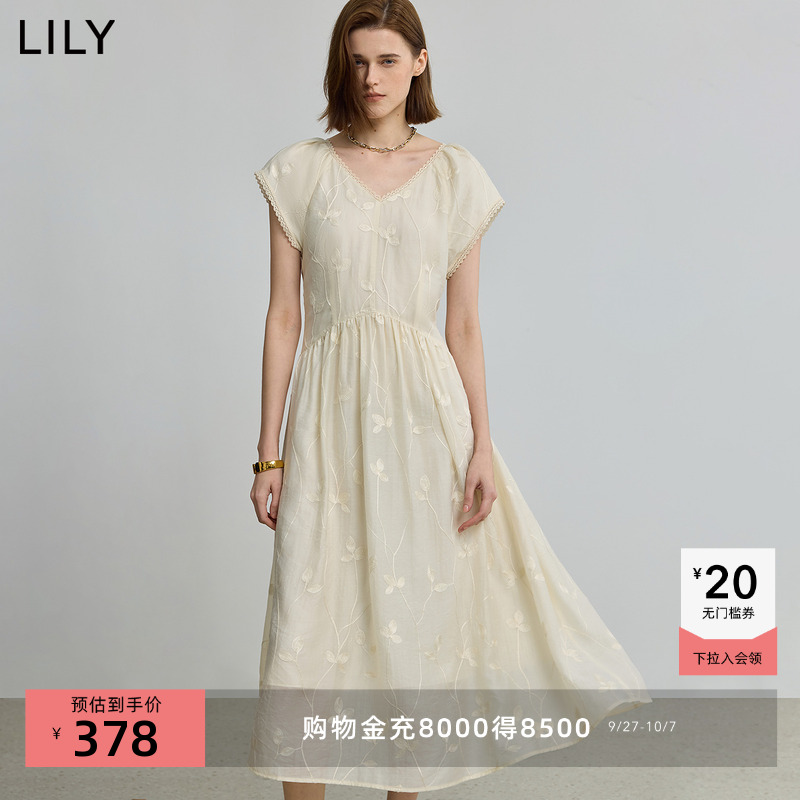 LILY气质绣花V领泡泡袖连衣裙