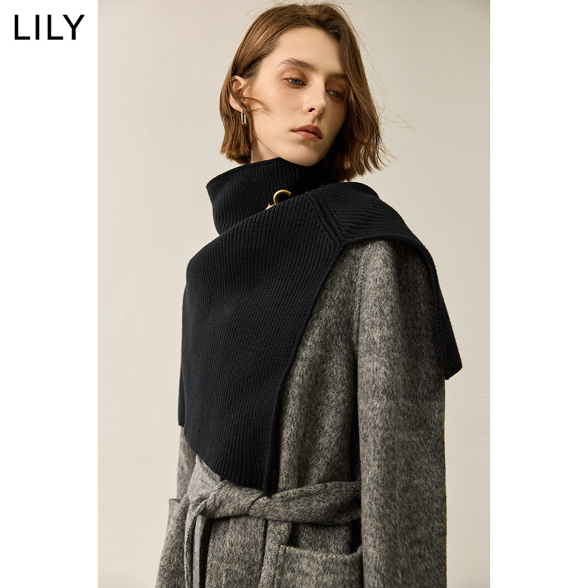 LILY冬新款女装双面呢羊毛大衣设计感可拆卸围脖直身毛呢外套