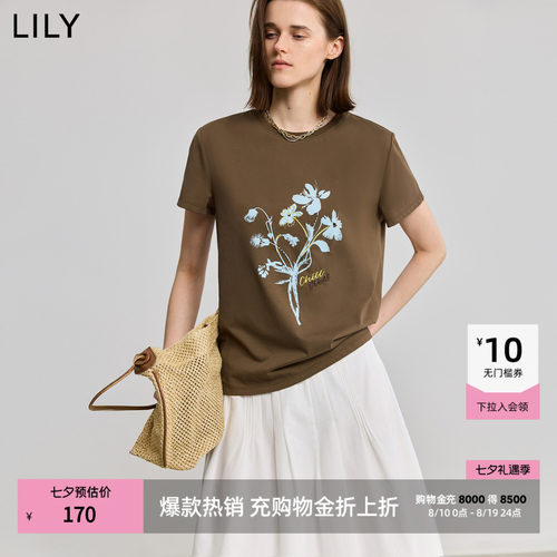 LILY正肩撞色短袖印花复古T恤