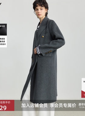 LILY2025冬新款女装羊毛混纺轻奢长款灰色大衣气质通勤毛呢外套