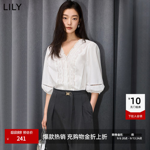 LILY通勤法式花边泡泡袖雪纺衫