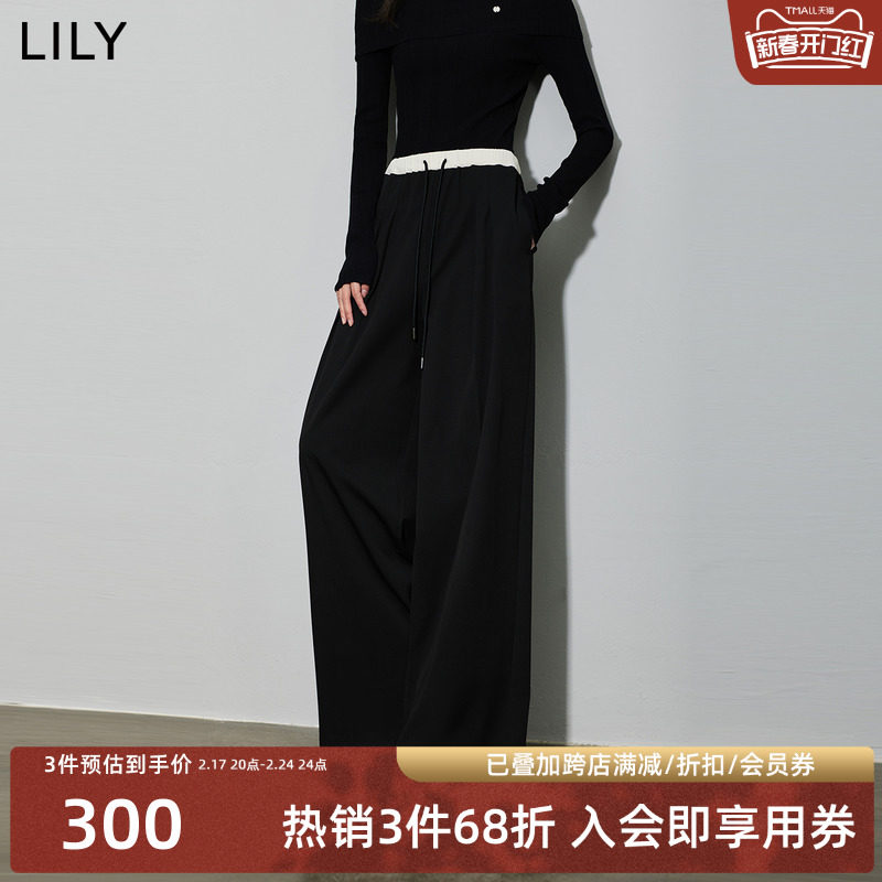 LILY2024春新款女装通勤款时尚双褶松紧腰显瘦高腰直筒阔腿休闲裤