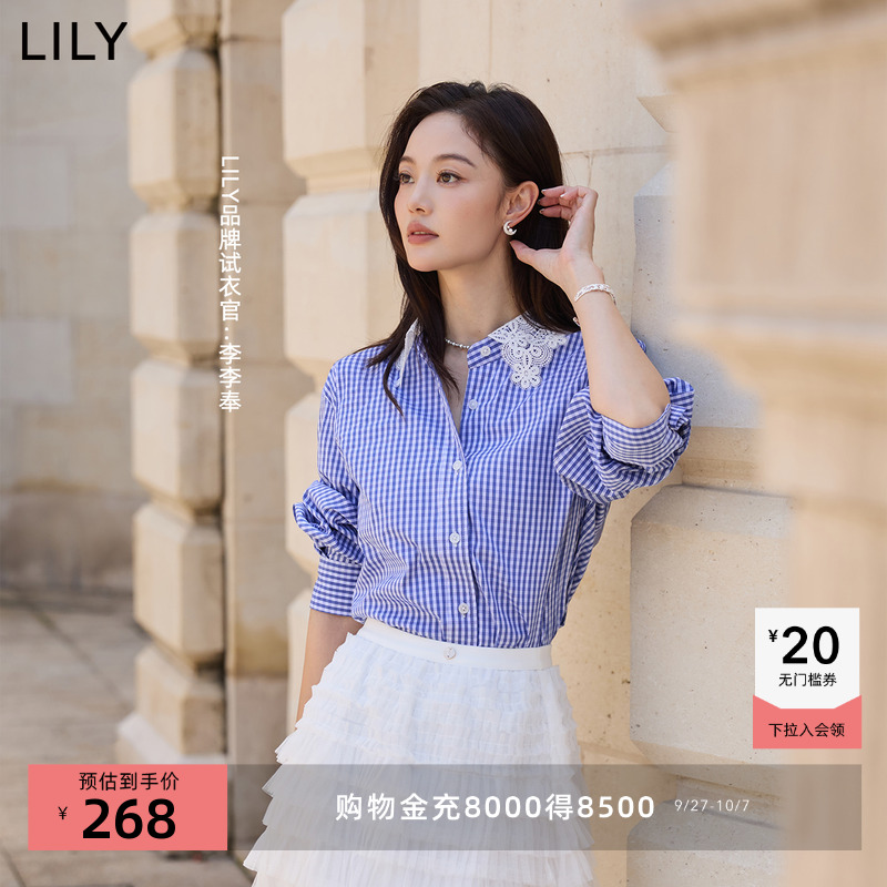 LILY蕾丝格纹翻领长袖复古衬衫